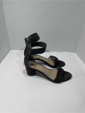 White Mountain Black Suede Braided Block Heel Sandals with Ankle Strap